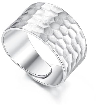QKEOISUD Anello a fascia martellato per donne e uomini, anello largo regolabile in rame fatto a mano, anello a cupola lucidato a mano (argento)
