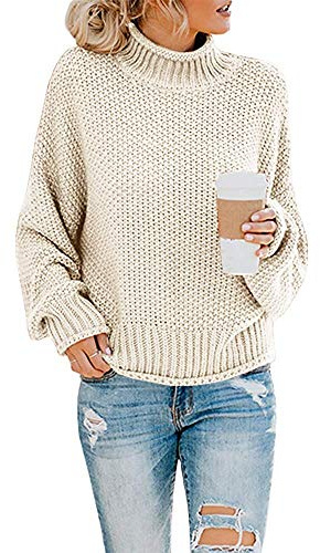 Imuedaen Women's Turtleneck Jumpers Casual Batwing Sweaters Long Sleeve Pullover Loose Chunky Knitted Jumper Tops (A White, M)