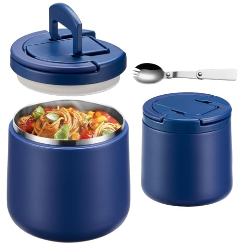 Itslife Termo para Comida 600ml, Recipiente Térmico para Comida con Cuchara, Acero Inoxidable Fiambrera Termica Infantil y Adultos, Contenedor Térmico para Picnic, Escuela y Oficina, Azul