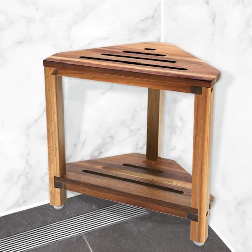 Taburete Baño Madera para Ducha. Taburete Ducha Esquinero Antideslizante con Estante, Banqueta Ducha Y Banco para Baño De Madera Natural
