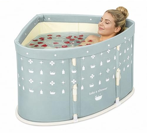 EVERGOODS Adult Folding Bathtub with Towel Rack 75 x 75 x 56 cm Portable Insulated Design, deep-Type Folding tub, Large Portable Soaking Tub for Hot Ice Baths for Home, Bathroom Blue