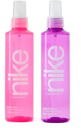 NIKE - Bruma Corporal Perfumada Pack 2 x 200 ml, Ultra Pink + Ultra Purple, Bruma para Mujer, Body Mist, Fragancia Fresca, de Larga Duración, Fácil de Aplicar, Secado Rápido, Formato Spray