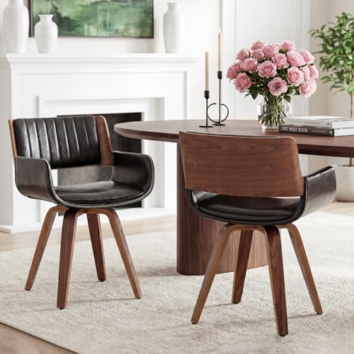 HOCEWI Swivel Dining Chairs Set of 2, Black Faux Leather Mid-Century Modern Armchairs with Wooden Legs & Adjustable Foot Pads, Vintage Upholstered Kitchen Chairs for Dining Room, Living Room