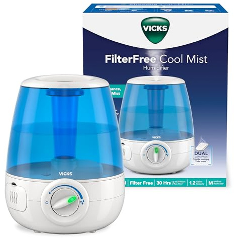 Vicks Filter-Free Ultrasonic Humidifier, Recommended by Pediatricians, 1.2 Gal Ultrasonic Cool Mist Humidifiers for Bedrooms & Kids Rooms, Works with Vicks VapoPads