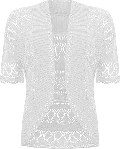 WearAll Plus Size Womens Crochet Knitted Short Sleeve Ladies Shrug Cardigan Top - White - 20-22
