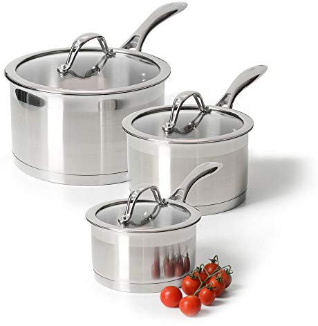 ProCook Professional Stainless Steel Saucepan Set Uncoated Induction & Oven Safe Pans with Glass Lids Dishwasher Safe Cookware - 3 Piece, 14/16/18 cm, 1.2/1.9/2.6 L