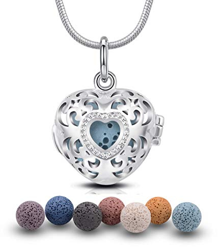 EUDORA Harmony Ball Aromatherapy Necklace for Women,18mm Heart Cage with 7PCS Lava Stone Aroma Diffuser Essential Oil Locket Pendant for Mom Wife Girls, Chain Length 24