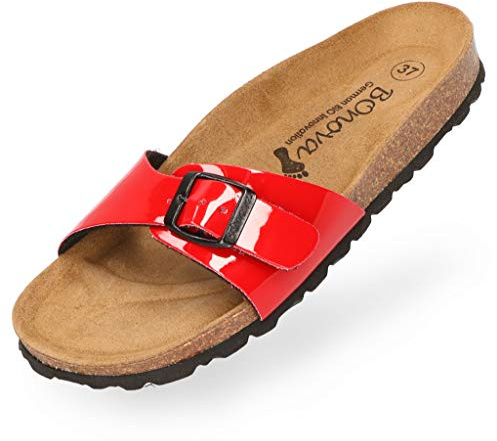 BOnova Damen Pantoletten Teneriffa in Lack rot 39, modischer Einriemer mit Korkfußbett - komfortable Sandalen zum Wohlfühlen - hergestellt in der EU
