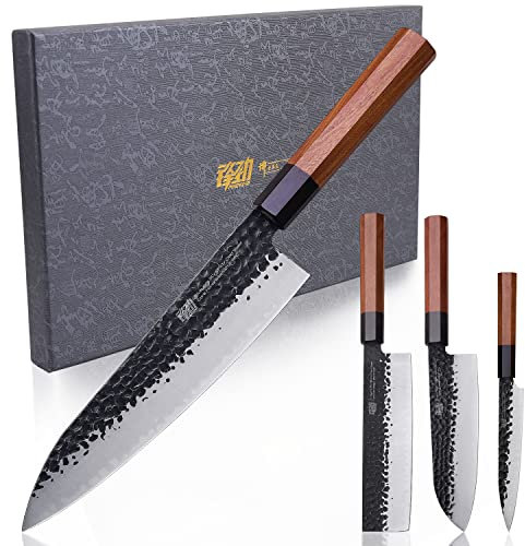 Set di coltelli da cucina FINDKING serie Dynasty 4PCS, Set di coltelli professionali da chef giapponesi, Lama in acciaio ad alto tenore di carbonio 9Cr18MoV, per carne, frutta e verdura