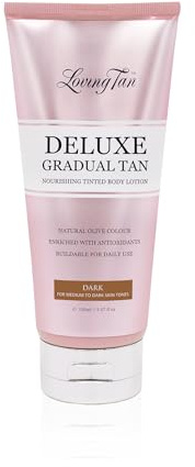 Loving Tan Deluxe Gradual Tan Lotion, Dark- Natural Looking Self Tanner, Professional Strength Sunless Tanner, 7+ Self Tanning Applications per Bottle- Cruelty Free, Naturally Derived DHA- 5.07 Fl Oz