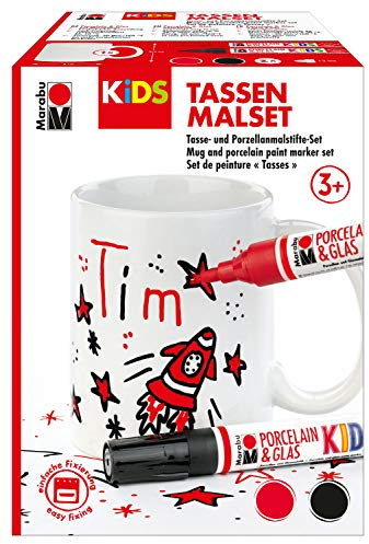 Marabu 0125000000102 KiDS Porcelain & Glas Painter, Tazas, Juego de pintura Tim, juego creativo para niños con una taza blanca y 2 rotuladores de porcelana en rojo y negro