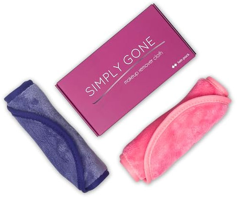 Simply Gone Make Up Remover Cloth (2 Pack) | Reusable Makeup Eraser removes all makeup, even waterproof mascara. Ideal for Sensitive Skin (Pink & Purple)