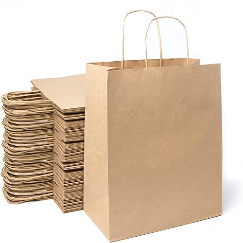 Lote de 100 bolsas, de papel kraft, con asas, 26 x 14 x 32 cm, para las compras, embalaje de regalo para cumpleaños, Navidad, boda, marrones
