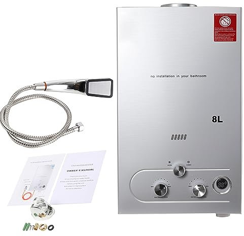 CDZHLTG Chauffe-Eau à Gaz Instantané Propane, 16KW Chauffe Eau Gaz Instantané à Gaz Usage Familial, Chauffe-eau À Gaz sans Réservoir 8 Litres au GPL avec kit de Douche(Argent)