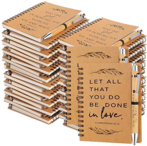 Kosiz 100 Pcs/ 50 Set Christian Gift Bulk Include Spiral Notebook and Bible Verse Ballpoint Pen Prayer Journal Easter Religious Gift for Church Members & Bible Study Groups Women Men Sunday School
