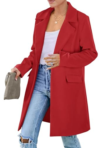 PRETTYGARDEN 2025 Fall Long Blazer Jackets for Women Long Sleeve Lapel Pockets Loose Fit Business Casual Blazers Outfits (Red,X-Large)
