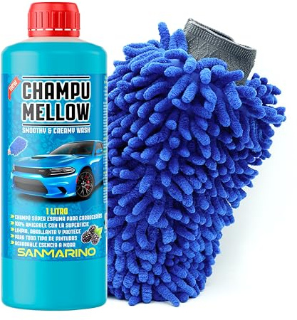 Sanmarino Champú coche Super Concentrado con Manopla, Lavado Coche y Moto, Meloso y Espumante, Champú MELLOW 1000 ml