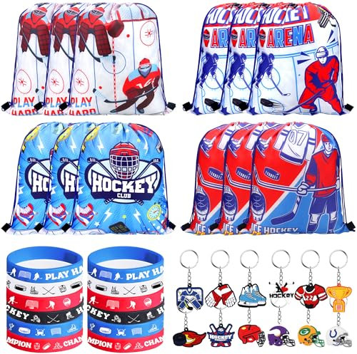 ENCETARDE Hockey-Partygeschenke, 36 Stück – 12 Kordelzugbeutel, 12 Silikon-Armbänder, 12 Motivations-Schlüsselanhänger für Eishockey, Sport, Party, Geburtstagsgeschenk, Zubehör