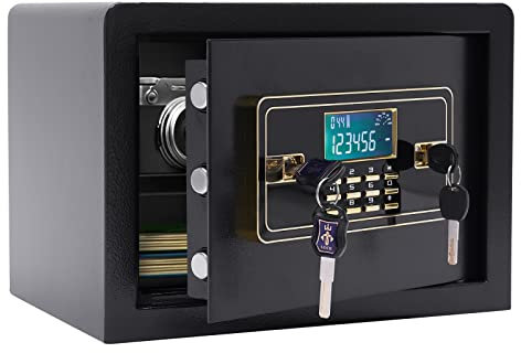 Cassaforte per la casa, 22 l, cassaforte per mobili, con tastiera numerica e chiave, sistema di allarme, protezione antincendio, display digitale digitale digitale a cristalli liquidi