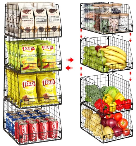 Jakyitvi 4 Pack XXL Stackable Wire Storage Basket, Extra Large Capacity Pantry Organizer and Storage, Muti-Purpose for Fruit Vegetable Basket & Toy Bin & Snack Organizer