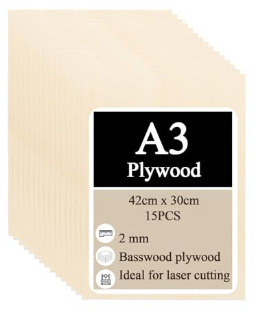 FWEEK 15 láminas de madera contrachapada A3 de 2 mm, 420 x 300 mm, A3, para manualidades, madera de tilo sin terminar, para manualidades, carpintería, procesamiento láser, construcción de maquetas,