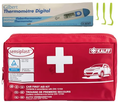 Kit di soccorso completo DIN 13164 con termometro ideale per casa, auto e viaggi