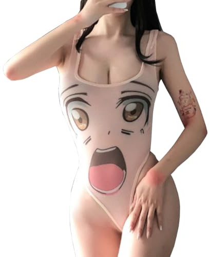 CHILIRIA Lencería de anime para mujer, con estampado de cara sonriente, sexy, para cosplay, Lolita, japonesa, linda, traje de baño