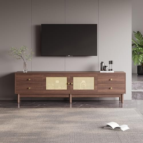 Merax TV Ständer, Rattan Kommode für 80-Zoll-Fernseher, TV Schrank mit Zwei Rattantüren, Vier Schubladen, Rustikaler Sideboard Fernsehschrank in dunkler Holzoptik, Braun, 180X35X44cm