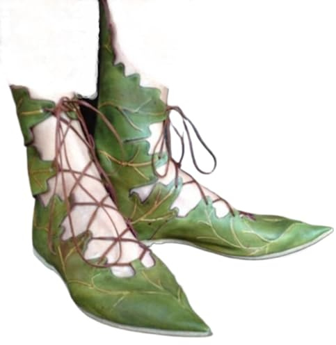 Women's Fashion Leaf Shaped Block Low Heel Flat Ankle Boots Pointed Toe Lace Up Short Booties Casual Vintage Gothic Shoes, Green, 6 UK