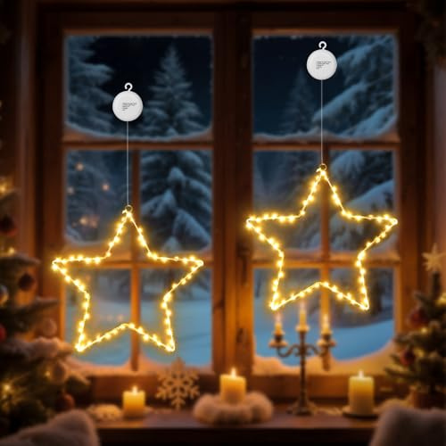 CCILAND 2er Weihnachtsstern,120LED,Batterie,Saugnäpfe,4 Modi Timer,Warmweiß