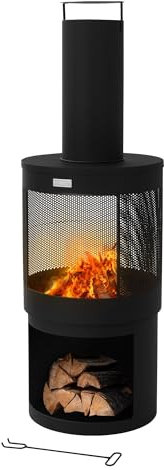 ML-Design Camino da Giardino con Canna Fumaria 131x45 cm Nero Rotondo in Acciaio Stufa da Esterno con Attizzatoio Tetto Rimovibile e Ripiano Porta Legna Caminetto da Terrazza Braciere per Fuoco