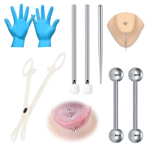 WillTen Tongue Piercing Kit with Disposable 12G 14G 16G 18G Piercing Tool, Clamps, Taper, Stainless Steel Belly Button Bar, Septum Ring, Nipple Ring, Tongue Bar, Lip Stud for Replacement