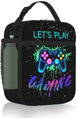 Dszemie Gamer Lunch Bag Kids Teens Adults, Insulated Lunch Box with Bottle Holder and Handle, Easy Wipe Clean & Large Capacity Gaming Lunchbox for School Travel Office