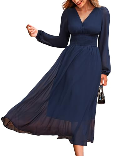 CUPSHE Vestido de mujer con cuello en V, manga larga, vestido maxi, cintura ahumada, elegante, informal, cóctel, otoño, vestido de invitado de boda, azul marino, M