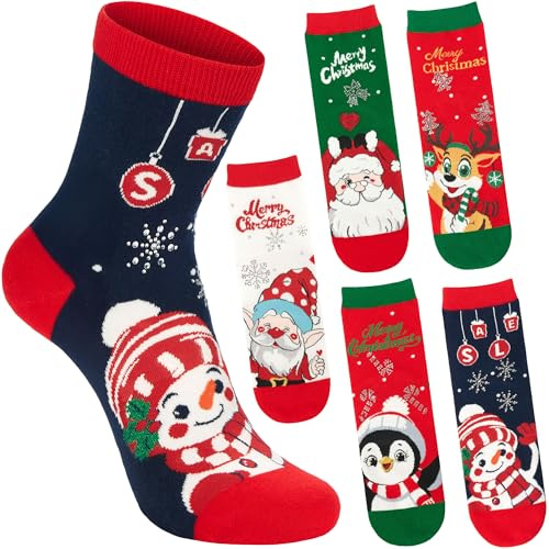 Brubaker 5 Paia di Calze Natalizie da Donna - Pinguino, Renna, Babbo Natale & Pupazzo di Neve - Calzine Allegre e Morbide - Set Invernale Colorato in Cotone - Regalo per Donne - Misura 30-35