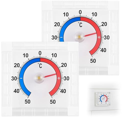 Confezione da 2 termometri esterni resistenti alle intemperie, termometri esterni con adesione, termometro analogico per finestre e frigorifero, intervallo di temperatura da -50 a +50 gradi