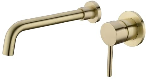 Sailainuo Bathroom Wall Mounted Basin Mixer Tap Brushed Gold Brass | Concealed Sink Taps, 26 cm Swivel Spout, Hot and Cold Faucet