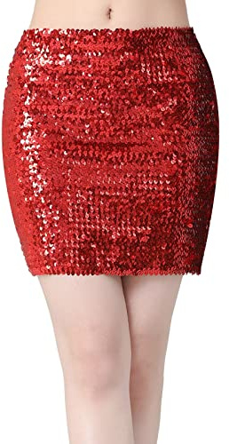 Paljettkjol för kvinnor glitterkjol elastisk midja A-linje höft glittrande minikjolar dam tyll tutu-kjol med paljettstjärnor glitter glänsande kjolar med foder för festival karneval rave-fest, Röd