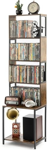 Aquzee Scaffale portaoggetti per CD, 4 ripiani, in legno, per DVD, CD, con divisori regolabili, organizer per media, espositori per CD, DVD, Blu Ray, videogiochi, libri