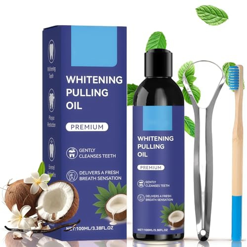 Coconut Oil Pulling Mouthwash for Teeth Whitening & Fresh Breath, Alcohol-Free Fluoride-Free Natural Formula, 100ml with Toothbrush & Tongue Scraper