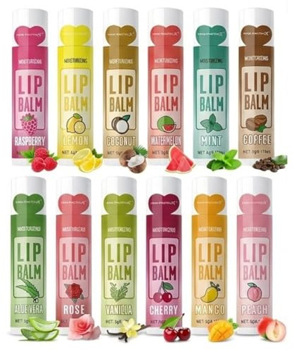 12 Stück Fruchtiges Lippenbalsam Set, Lipgloss Set mit Intensive Feuchtigkeitspflege, Lippenpflege für Sehr Trockene Lippen, Lippenpflegestift Geschenk für Teenager Mädchen & Frauen