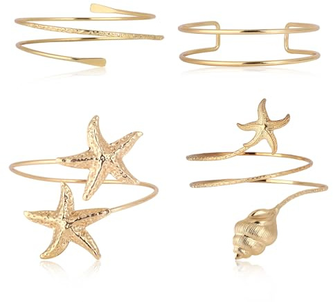 Mikovivi 4pcs Arm Cuff Jewelry for Women, Boho Adjustable Open Upper Band Armlet Bangle Bracelet with Starfish & Conch Design for Summer Beach Armlet Jewelry (Gold-Colored)