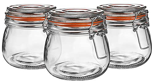 Argon Tableware Glass Jars with Airtight Metal Clip Lid - 500ml/17.6oz - 6 Pack - 4 Colour Seals - Medium Kitchen Storage Container Round Preserving Jar for Pickling, Chutney, Jam, Coffee