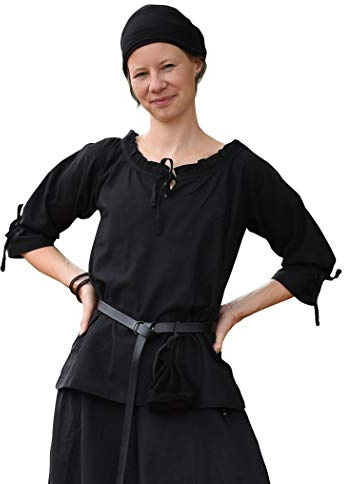 Battle-Merchant medeltida blus Birga, 3/4 ärmar – renässans bondblus, piratkostym, kvinnor renässans skjorta, Svart, XL