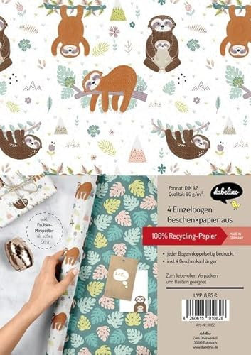 Geschenkpapier-Set für Kinder: Faultier: 4x Einzelbögen + 4x Geschenkanhänger