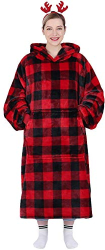 Waitu Wearable Blanket Hoodie Sweatshirt Gifts for Adult and Child, Super Warm and Cozy Giant Hoodie Blanket for Women and Men, Flannel Blanket with Sleeves and Giant Pocket - Red and Black Plaid
