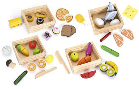 Leomark Holzspielset - 4 in 1 - Klett-Lebensmittelset für Kinder (Obst und Gemüse) Zubehör für Rollenspiele und Kinderküchen, 4 Kisten voll bunter Lebensmittel