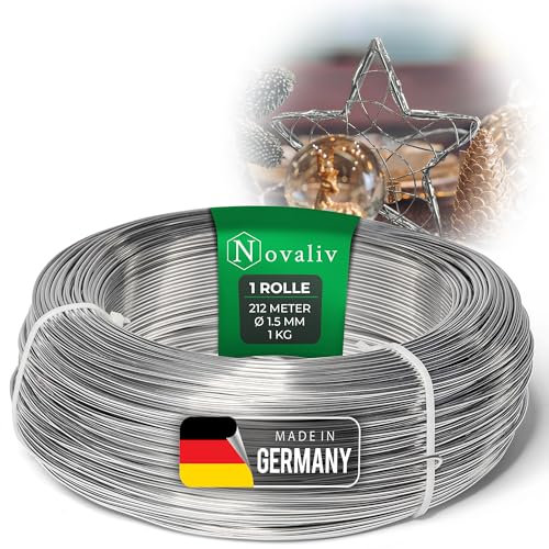 Novaliv 212 Meter Aluminiumdraht 1,5mm Silber, Basteldraht ideal als Biegedraht zum basteln, Vielseitig für DIY-Projekte und Dekorationen, 212m Rolle Dekodraht, Schmuckdraht, Blumendraht