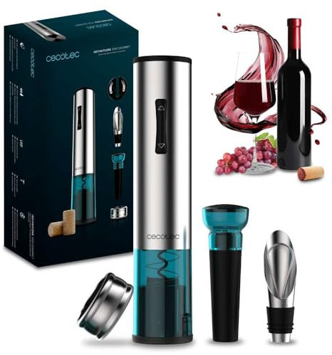 Cecotec Sacacorchos Eléctrico InstantCork 1000 Gourmet. Abre Botellas en solo 8 segundos, Funciona con 4 Pilas, Luz LED, Aguja helicoidal de Acero, Cuerpo de acero inoxidable
