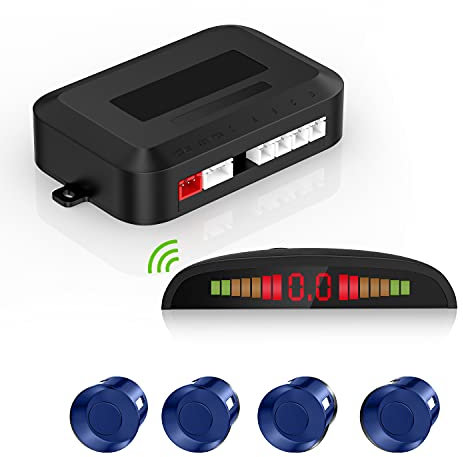 Einparkhilfe Kabellos Bausatz,Rückfahrradarsystem mit 4 PDC Sensor, Kabellose LED-Entfernungsanzeige mit akustischer Warnung + 4 Blau Farbe Einparkhilfe Hinten Für Auto Vans RV Trailer
